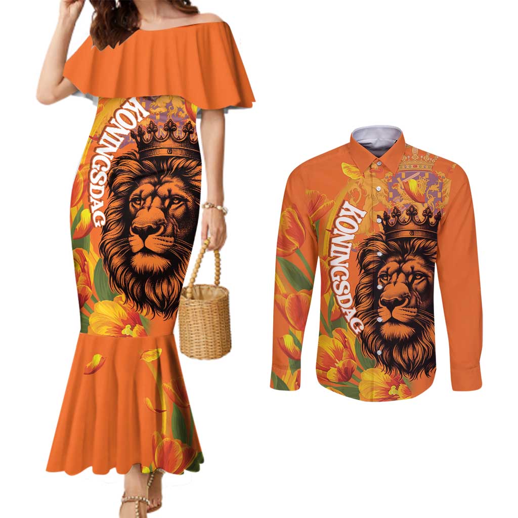 Nederland Fijne Koningsdag Couples Matching Mermaid Dress and Long Sleeve Button Shirt Netherlands Lion With Orange Tulips