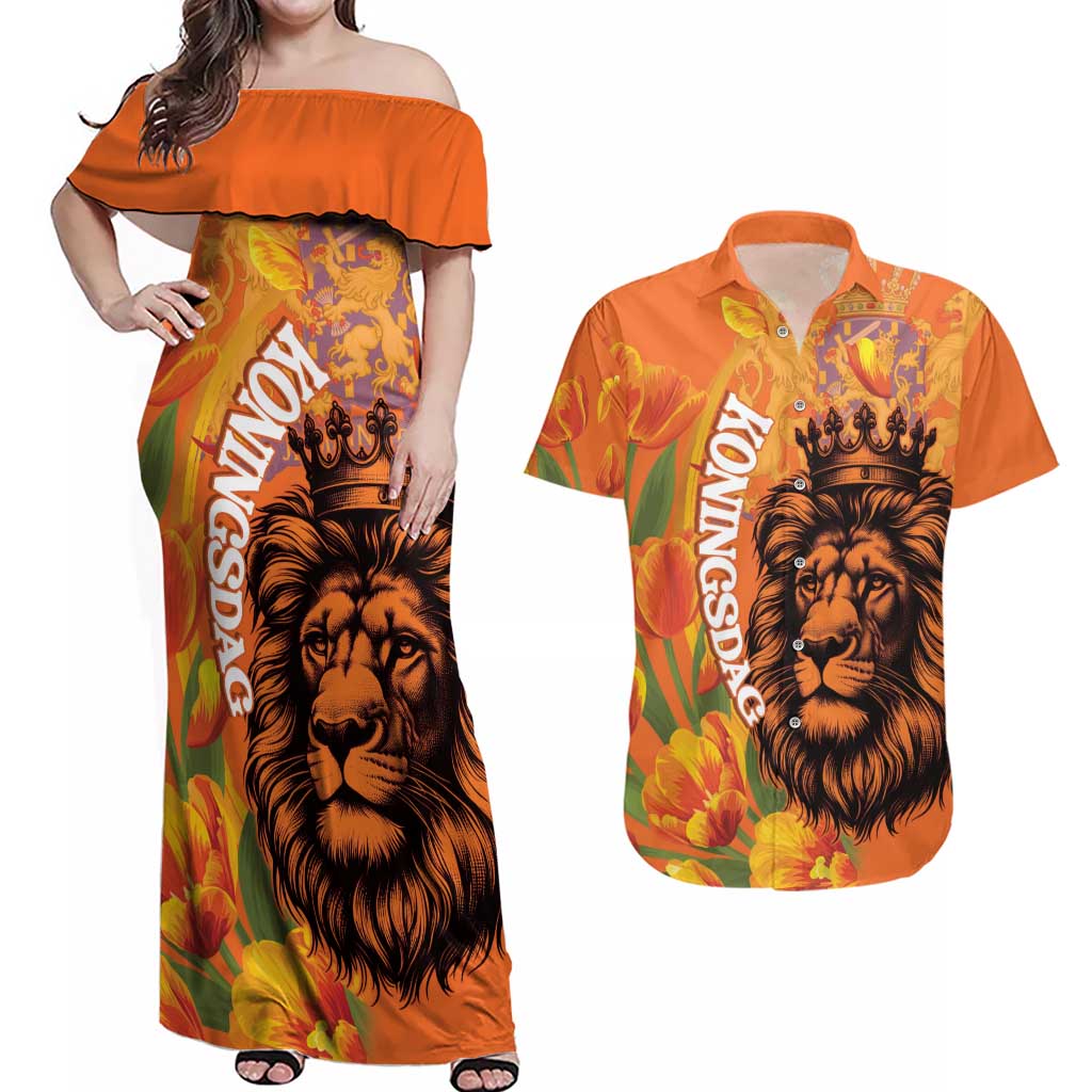 Nederland Fijne Koningsdag Couples Matching Off Shoulder Maxi Dress and Hawaiian Shirt Netherlands Lion With Orange Tulips