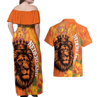 Nederland Fijne Koningsdag Couples Matching Off Shoulder Maxi Dress and Hawaiian Shirt Netherlands Lion With Orange Tulips