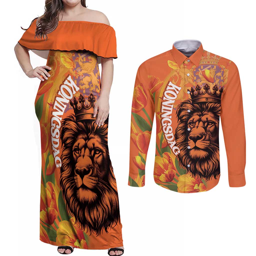 Nederland Fijne Koningsdag Couples Matching Off Shoulder Maxi Dress and Long Sleeve Button Shirt Netherlands Lion With Orange Tulips
