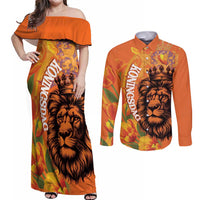 Nederland Fijne Koningsdag Couples Matching Off Shoulder Maxi Dress and Long Sleeve Button Shirt Netherlands Lion With Orange Tulips