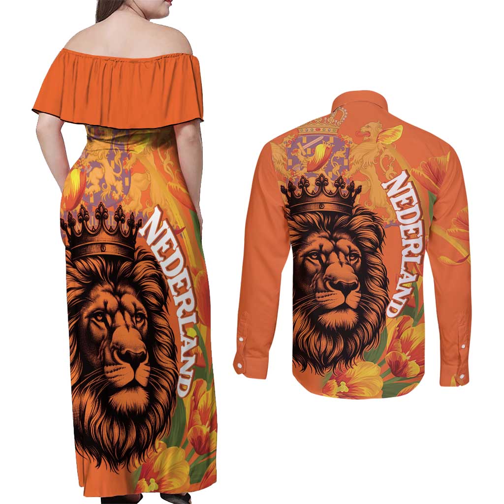 Nederland Fijne Koningsdag Couples Matching Off Shoulder Maxi Dress and Long Sleeve Button Shirt Netherlands Lion With Orange Tulips