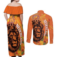 Nederland Fijne Koningsdag Couples Matching Off Shoulder Maxi Dress and Long Sleeve Button Shirt Netherlands Lion With Orange Tulips
