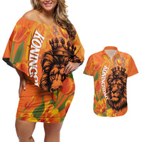 Nederland Fijne Koningsdag Couples Matching Off Shoulder Short Dress and Hawaiian Shirt Netherlands Lion With Orange Tulips