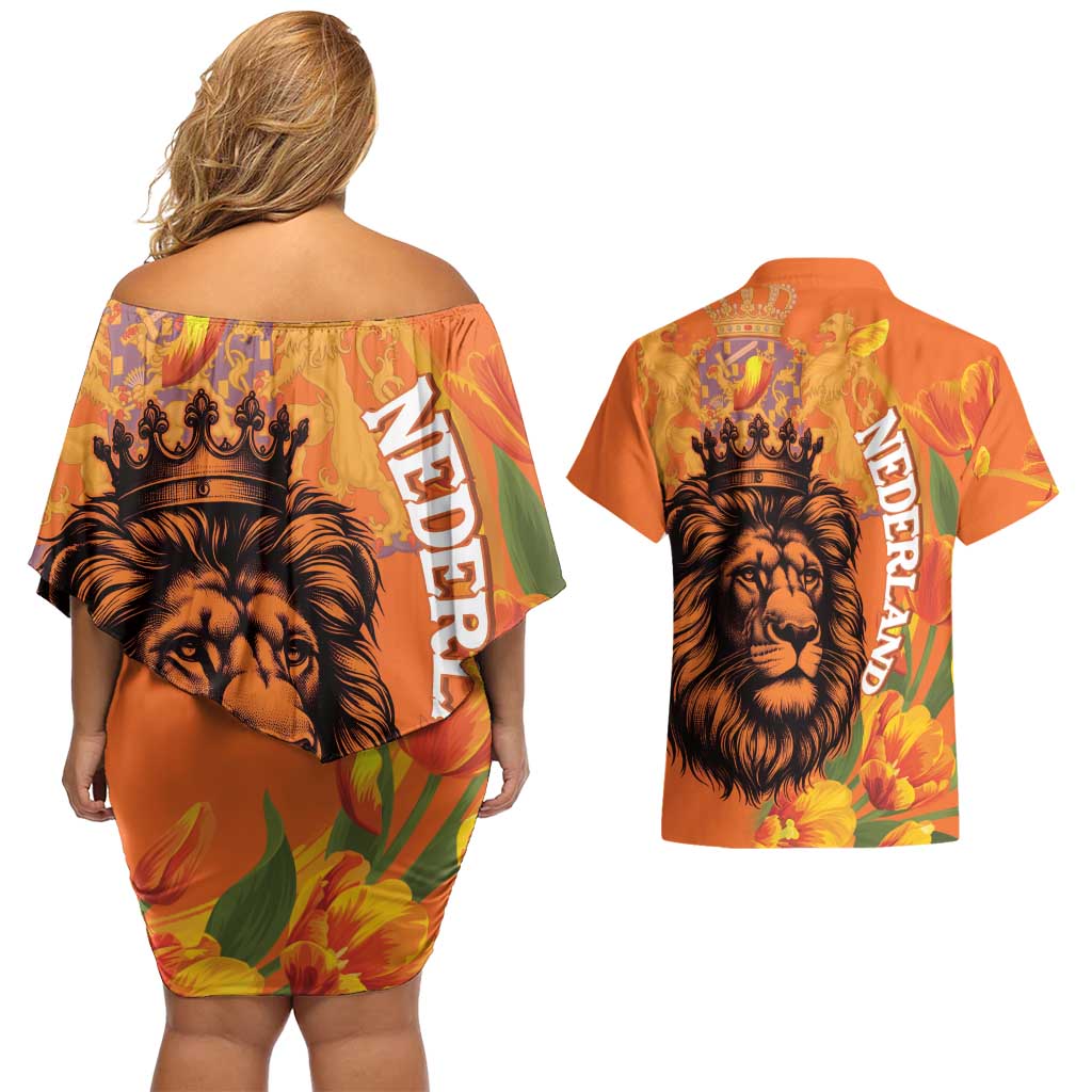 Nederland Fijne Koningsdag Couples Matching Off Shoulder Short Dress and Hawaiian Shirt Netherlands Lion With Orange Tulips