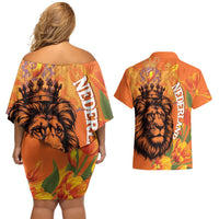 Nederland Fijne Koningsdag Couples Matching Off Shoulder Short Dress and Hawaiian Shirt Netherlands Lion With Orange Tulips