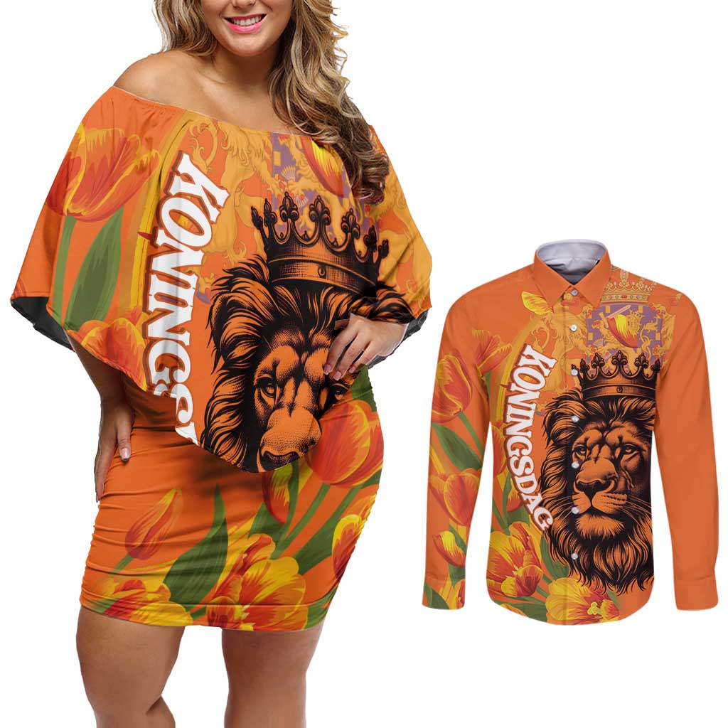 Nederland Fijne Koningsdag Couples Matching Off Shoulder Short Dress and Long Sleeve Button Shirt Netherlands Lion With Orange Tulips