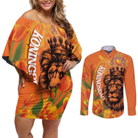 Nederland Fijne Koningsdag Couples Matching Off Shoulder Short Dress and Long Sleeve Button Shirt Netherlands Lion With Orange Tulips