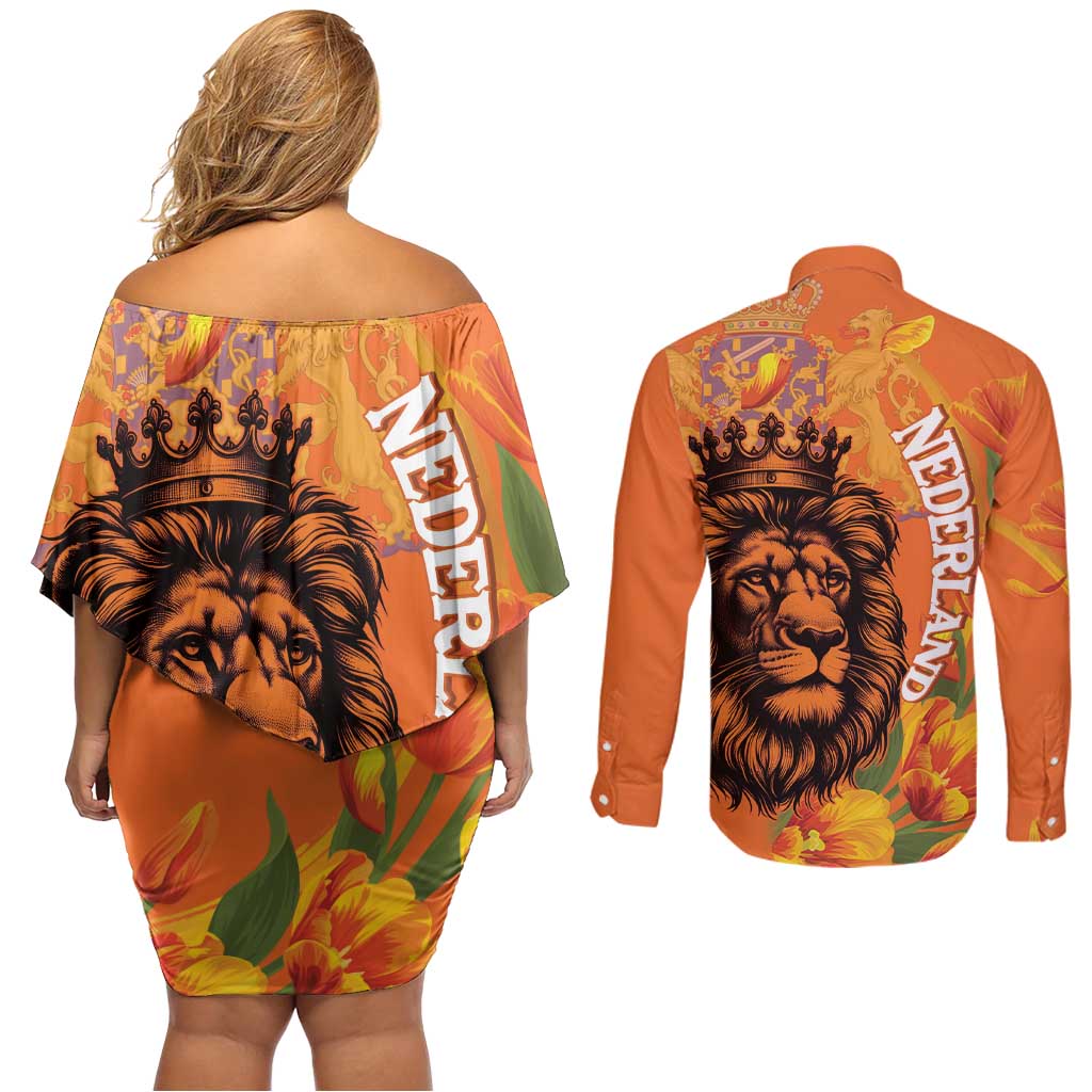 Nederland Fijne Koningsdag Couples Matching Off Shoulder Short Dress and Long Sleeve Button Shirt Netherlands Lion With Orange Tulips