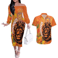 Nederland Fijne Koningsdag Couples Matching Off The Shoulder Long Sleeve Dress and Hawaiian Shirt Netherlands Lion With Orange Tulips