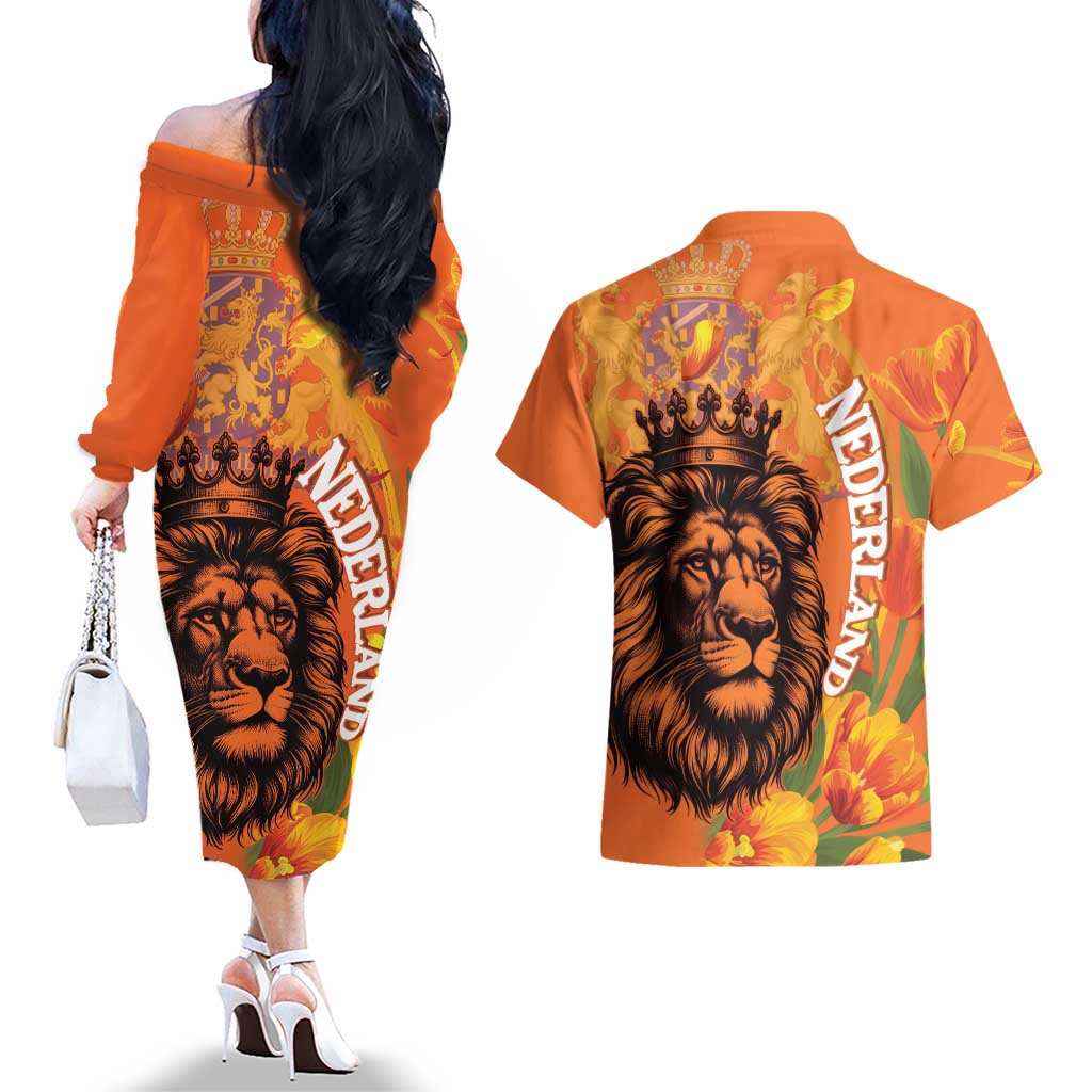 Nederland Fijne Koningsdag Couples Matching Off The Shoulder Long Sleeve Dress and Hawaiian Shirt Netherlands Lion With Orange Tulips