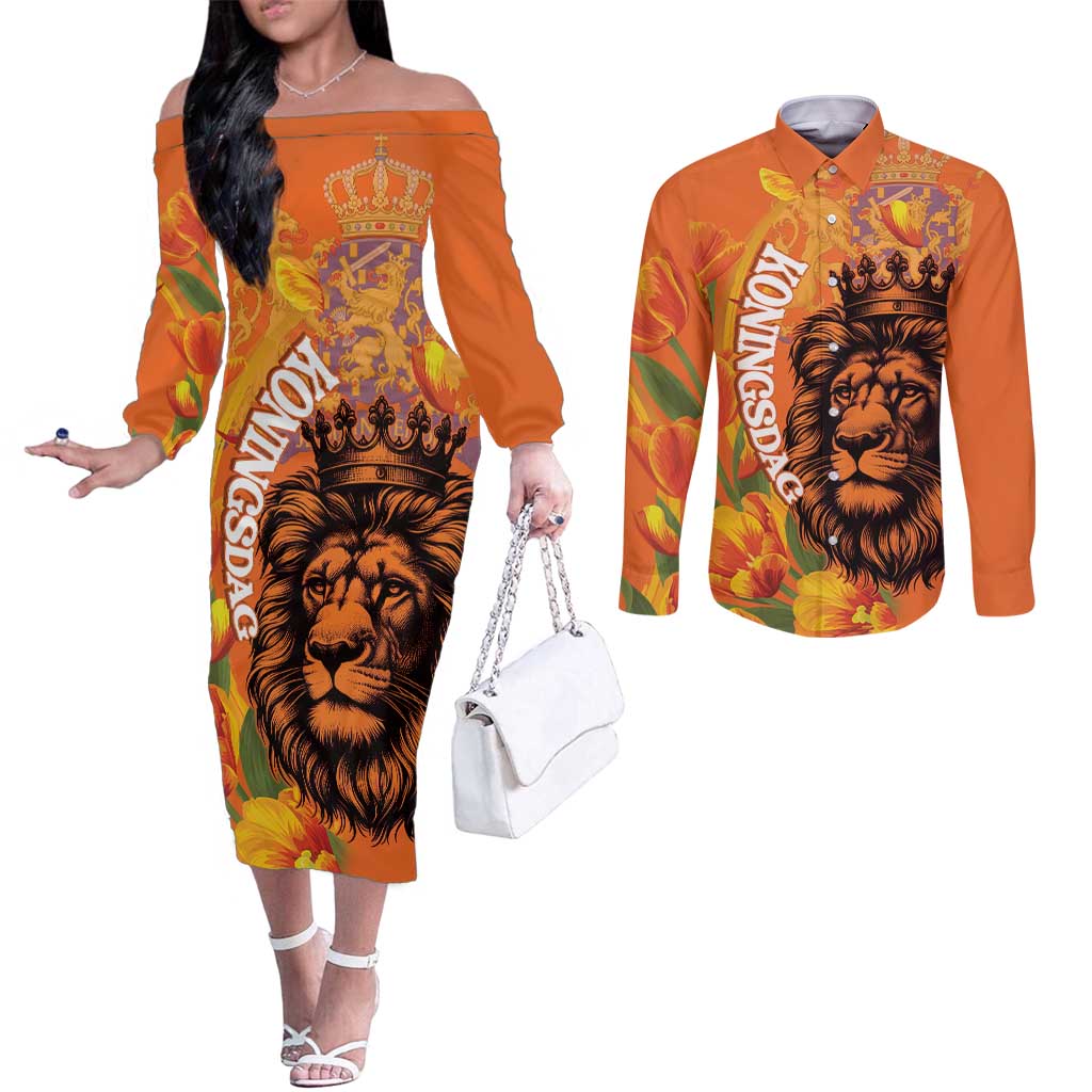 Nederland Fijne Koningsdag Couples Matching Off The Shoulder Long Sleeve Dress and Long Sleeve Button Shirt Netherlands Lion With Orange Tulips