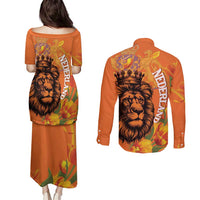 Nederland Fijne Koningsdag Couples Matching Puletasi and Long Sleeve Button Shirt Netherlands Lion With Orange Tulips
