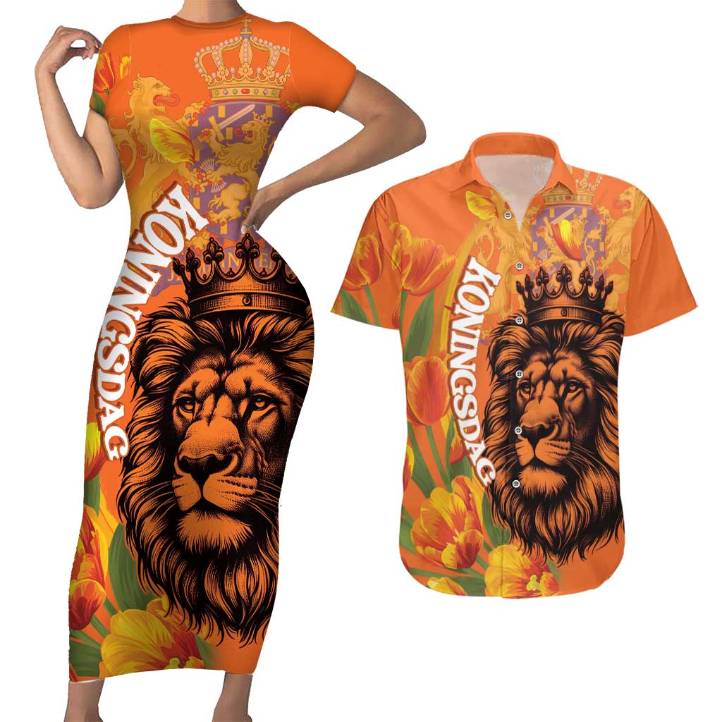 Nederland Fijne Koningsdag Couples Matching Short Sleeve Bodycon Dress and Hawaiian Shirt Netherlands Lion With Orange Tulips