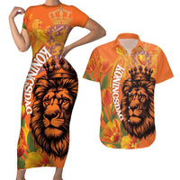 Nederland Fijne Koningsdag Couples Matching Short Sleeve Bodycon Dress and Hawaiian Shirt Netherlands Lion With Orange Tulips