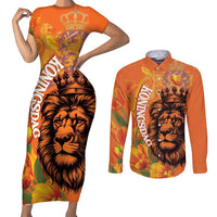 Nederland Fijne Koningsdag Couples Matching Short Sleeve Bodycon Dress and Long Sleeve Button Shirt Netherlands Lion With Orange Tulips