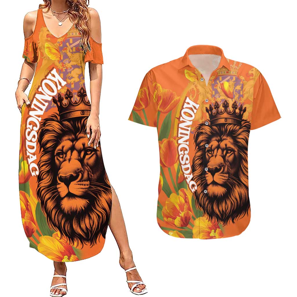 Nederland Fijne Koningsdag Couples Matching Summer Maxi Dress and Hawaiian Shirt Netherlands Lion With Orange Tulips