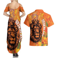 Nederland Fijne Koningsdag Couples Matching Summer Maxi Dress and Hawaiian Shirt Netherlands Lion With Orange Tulips
