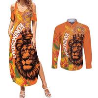 Nederland Fijne Koningsdag Couples Matching Summer Maxi Dress and Long Sleeve Button Shirt Netherlands Lion With Orange Tulips