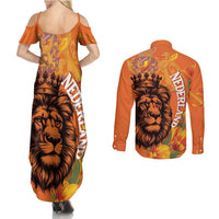 Nederland Fijne Koningsdag Couples Matching Summer Maxi Dress and Long Sleeve Button Shirt Netherlands Lion With Orange Tulips