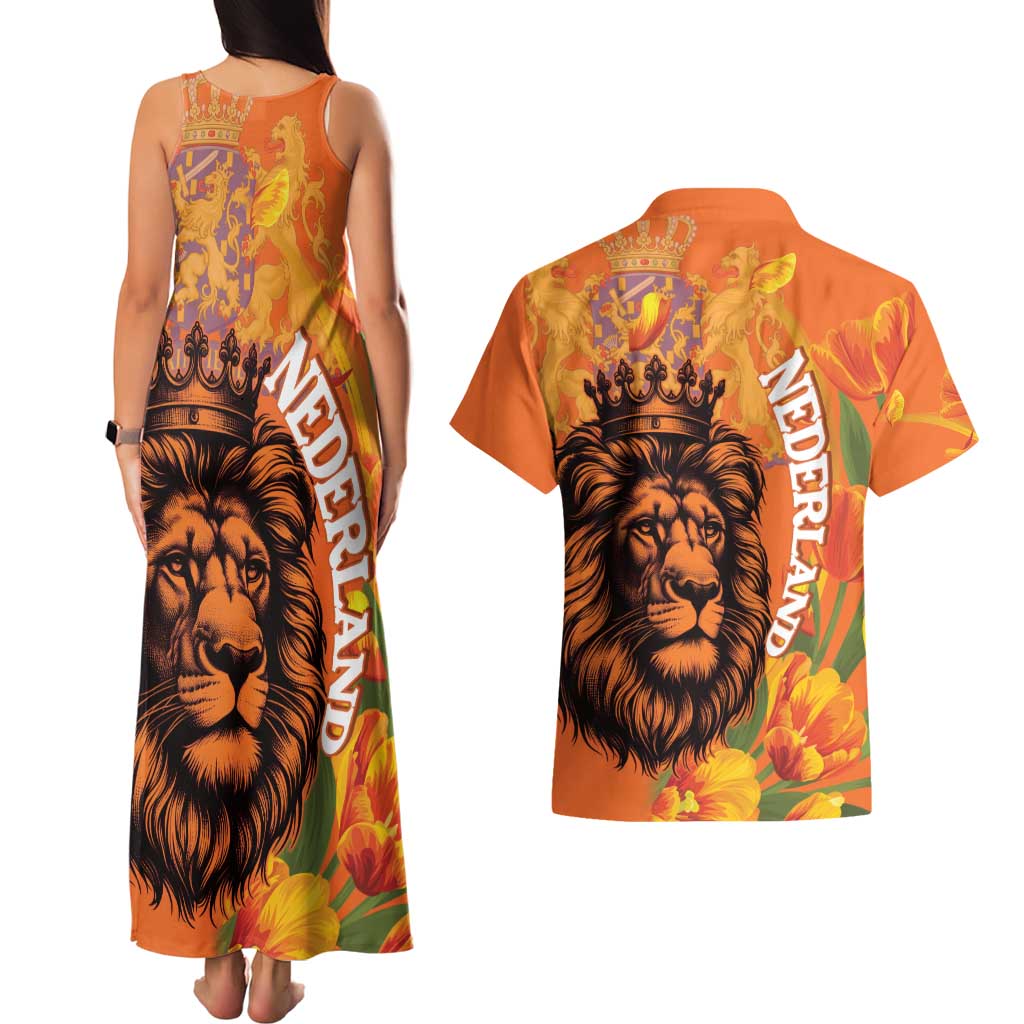 Nederland Fijne Koningsdag Couples Matching Tank Maxi Dress and Hawaiian Shirt Netherlands Lion With Orange Tulips
