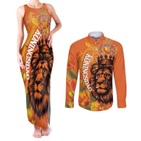 Nederland Fijne Koningsdag Couples Matching Tank Maxi Dress and Long Sleeve Button Shirt Netherlands Lion With Orange Tulips