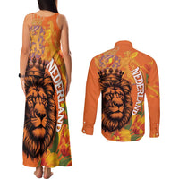 Nederland Fijne Koningsdag Couples Matching Tank Maxi Dress and Long Sleeve Button Shirt Netherlands Lion With Orange Tulips