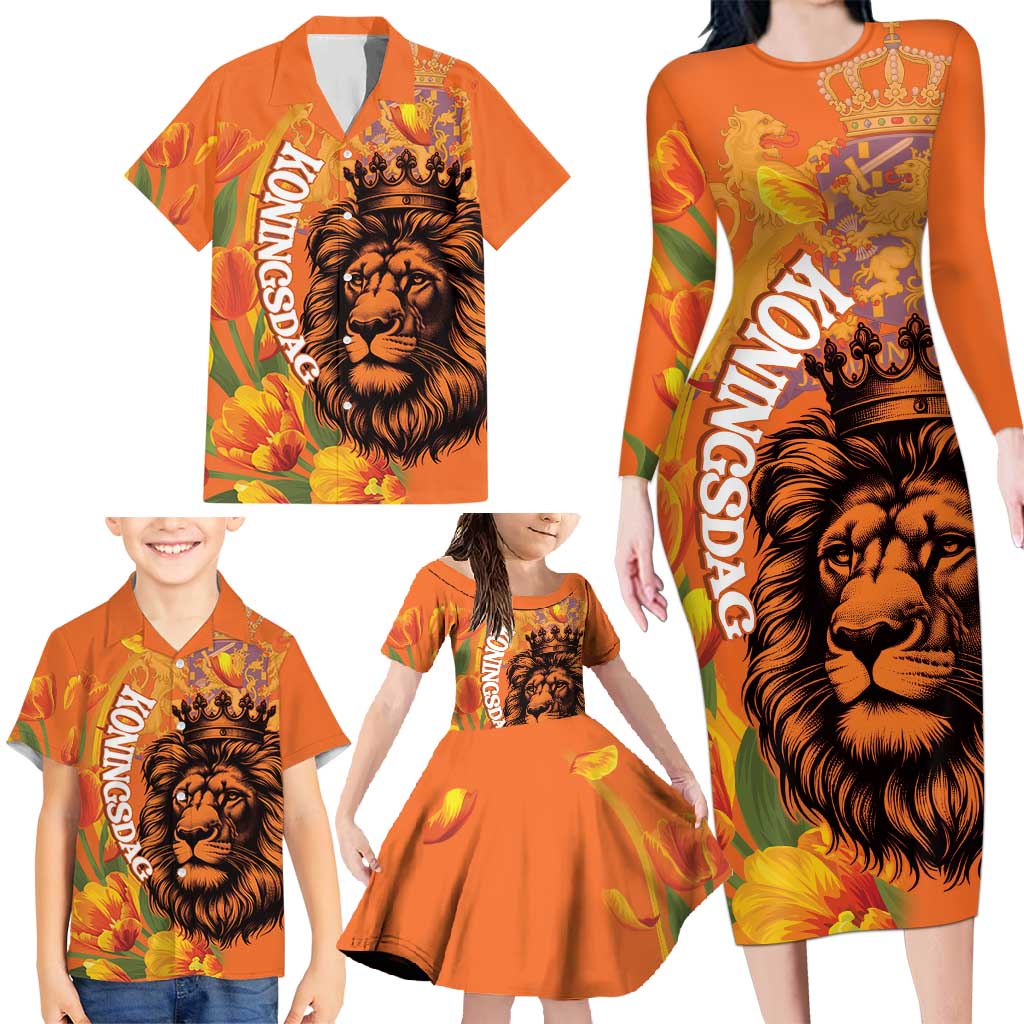 Nederland Fijne Koningsdag Family Matching Long Sleeve Bodycon Dress and Hawaiian Shirt Netherlands Lion With Orange Tulips