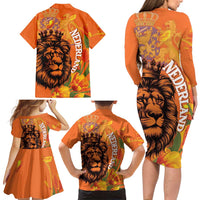 Nederland Fijne Koningsdag Family Matching Long Sleeve Bodycon Dress and Hawaiian Shirt Netherlands Lion With Orange Tulips