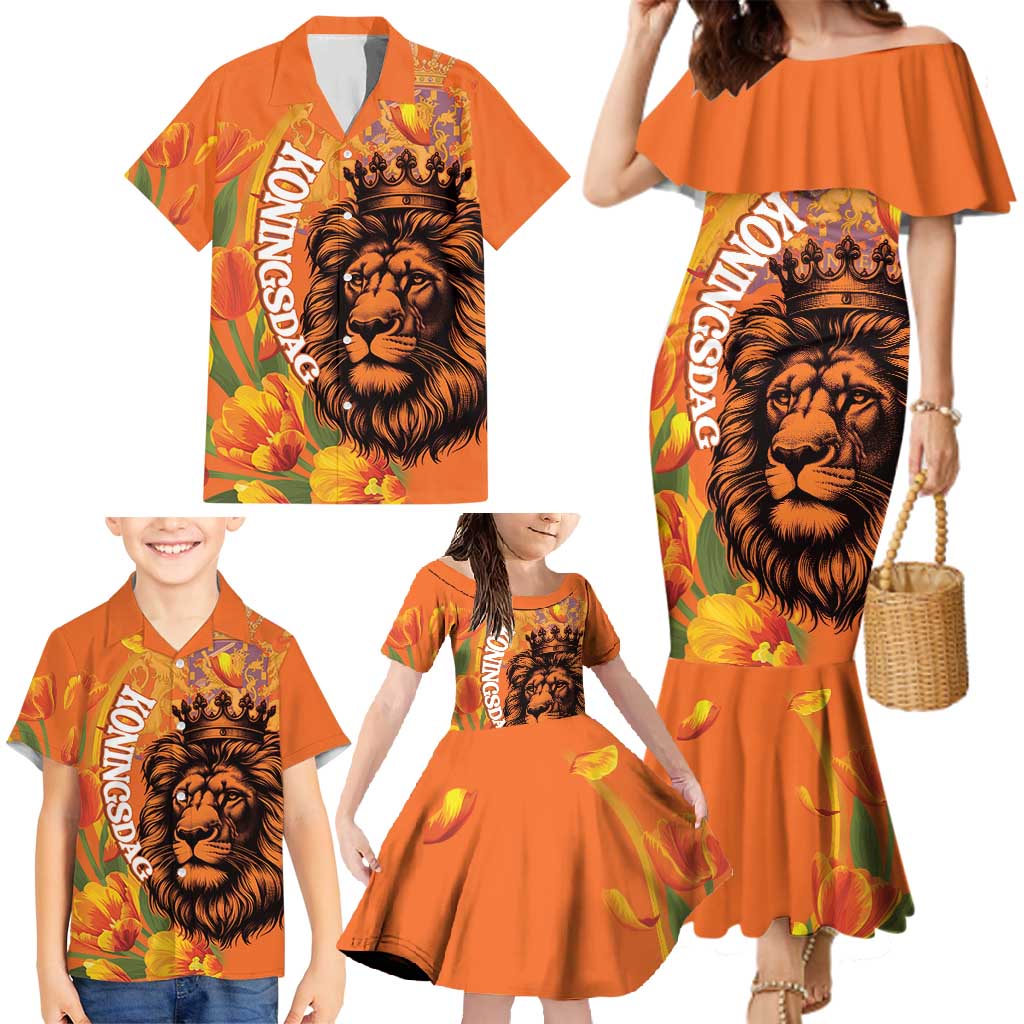 Nederland Fijne Koningsdag Family Matching Mermaid Dress and Hawaiian Shirt Netherlands Lion With Orange Tulips
