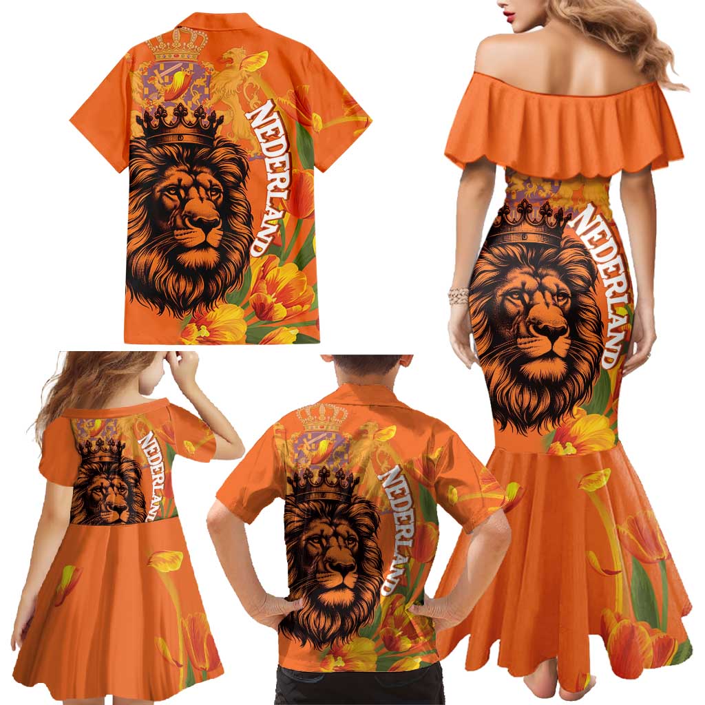 Nederland Fijne Koningsdag Family Matching Mermaid Dress and Hawaiian Shirt Netherlands Lion With Orange Tulips