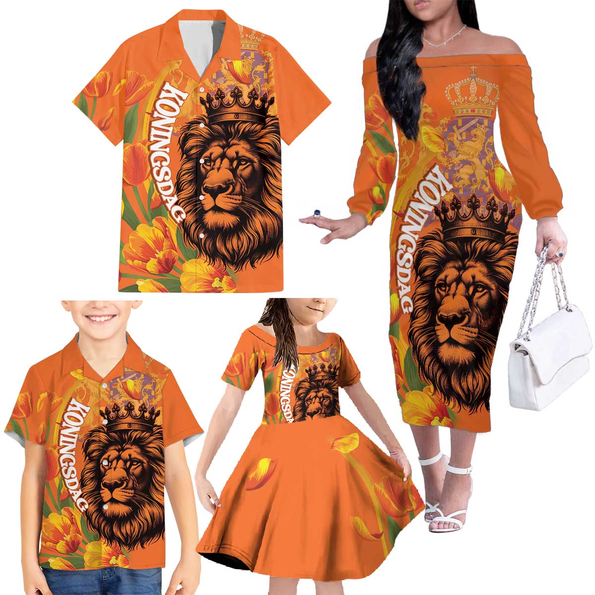 Nederland Fijne Koningsdag Family Matching Off The Shoulder Long Sleeve Dress and Hawaiian Shirt Netherlands Lion With Orange Tulips