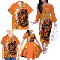 Nederland Fijne Koningsdag Family Matching Off The Shoulder Long Sleeve Dress and Hawaiian Shirt Netherlands Lion With Orange Tulips