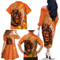 Nederland Fijne Koningsdag Family Matching Off The Shoulder Long Sleeve Dress and Hawaiian Shirt Netherlands Lion With Orange Tulips