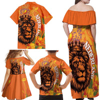 Nederland Fijne Koningsdag Family Matching Off Shoulder Maxi Dress and Hawaiian Shirt Netherlands Lion With Orange Tulips