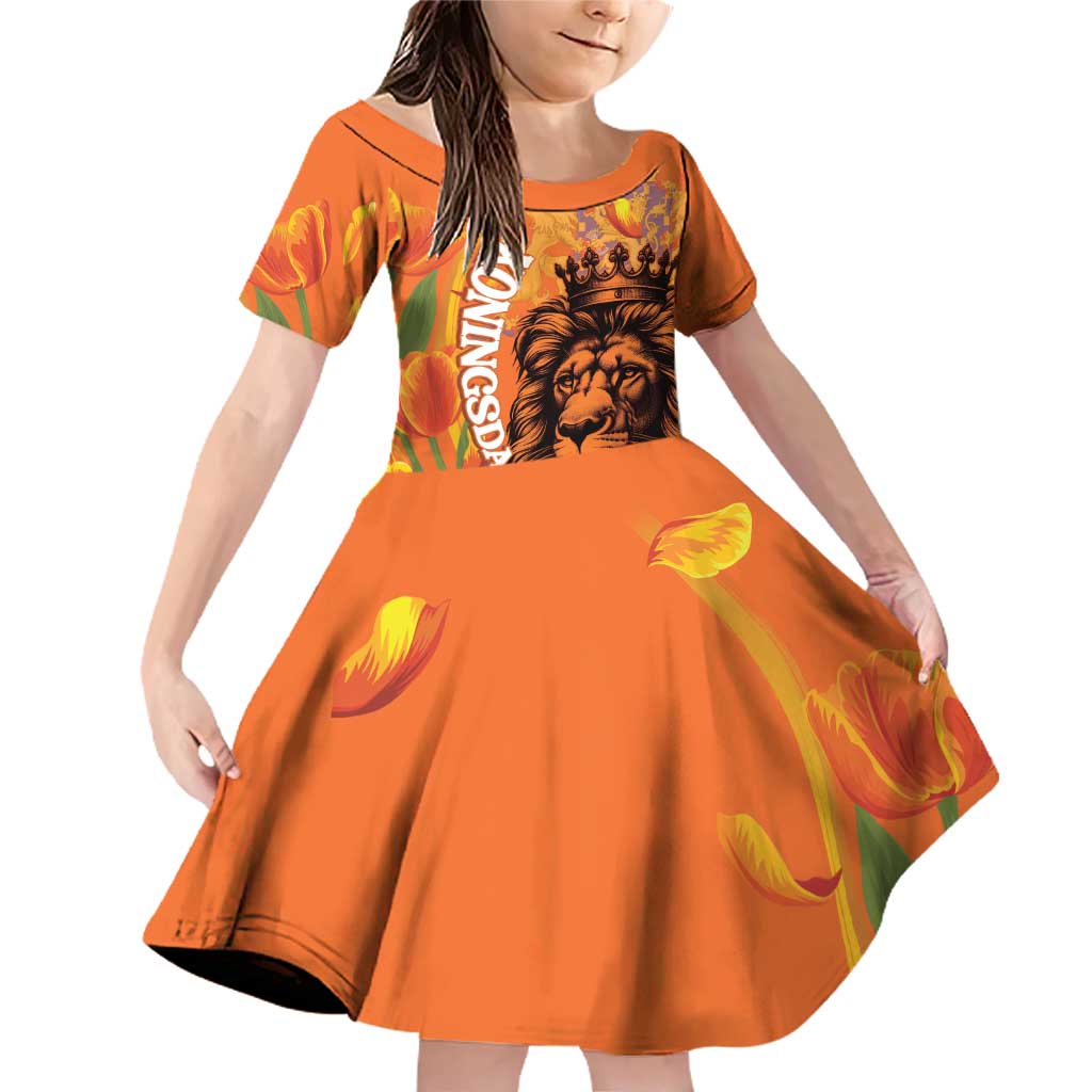 Nederland Fijne Koningsdag Family Matching Off Shoulder Short Dress and Hawaiian Shirt Netherlands Lion With Orange Tulips