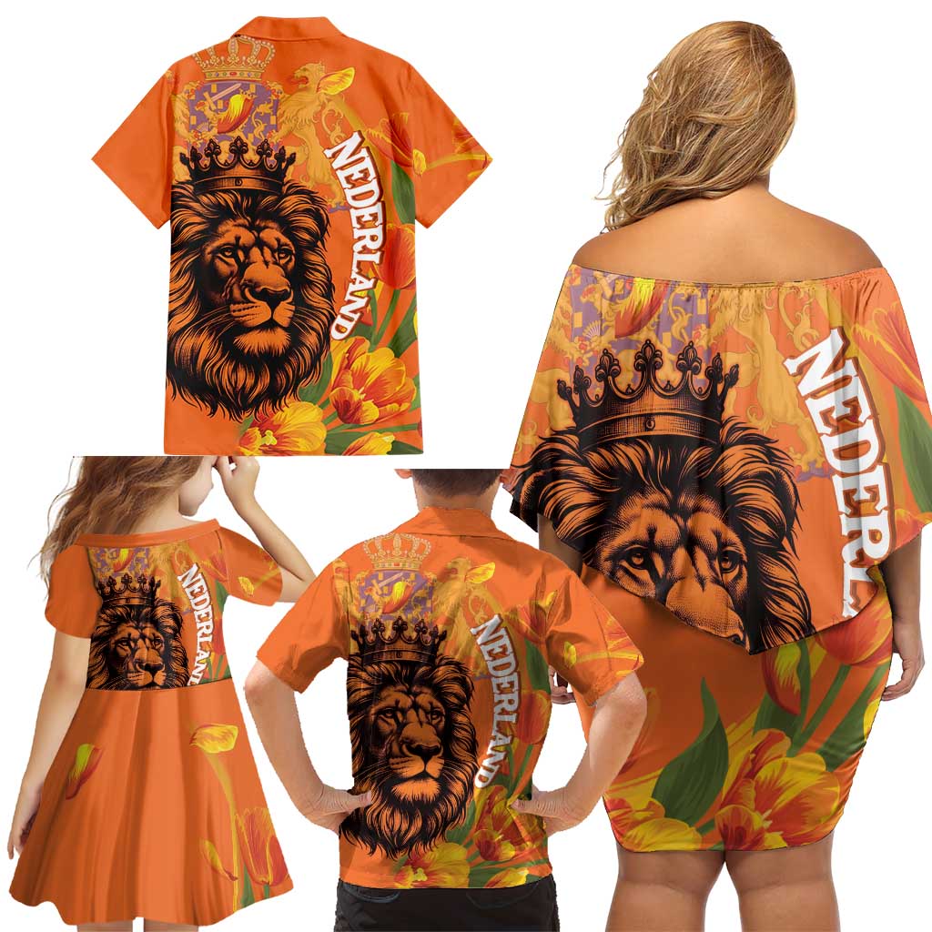 Nederland Fijne Koningsdag Family Matching Off Shoulder Short Dress and Hawaiian Shirt Netherlands Lion With Orange Tulips
