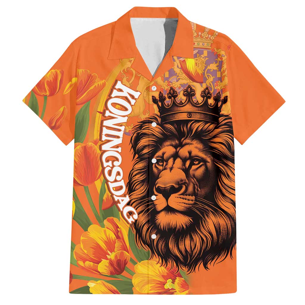 Nederland Fijne Koningsdag Family Matching Off Shoulder Short Dress and Hawaiian Shirt Netherlands Lion With Orange Tulips