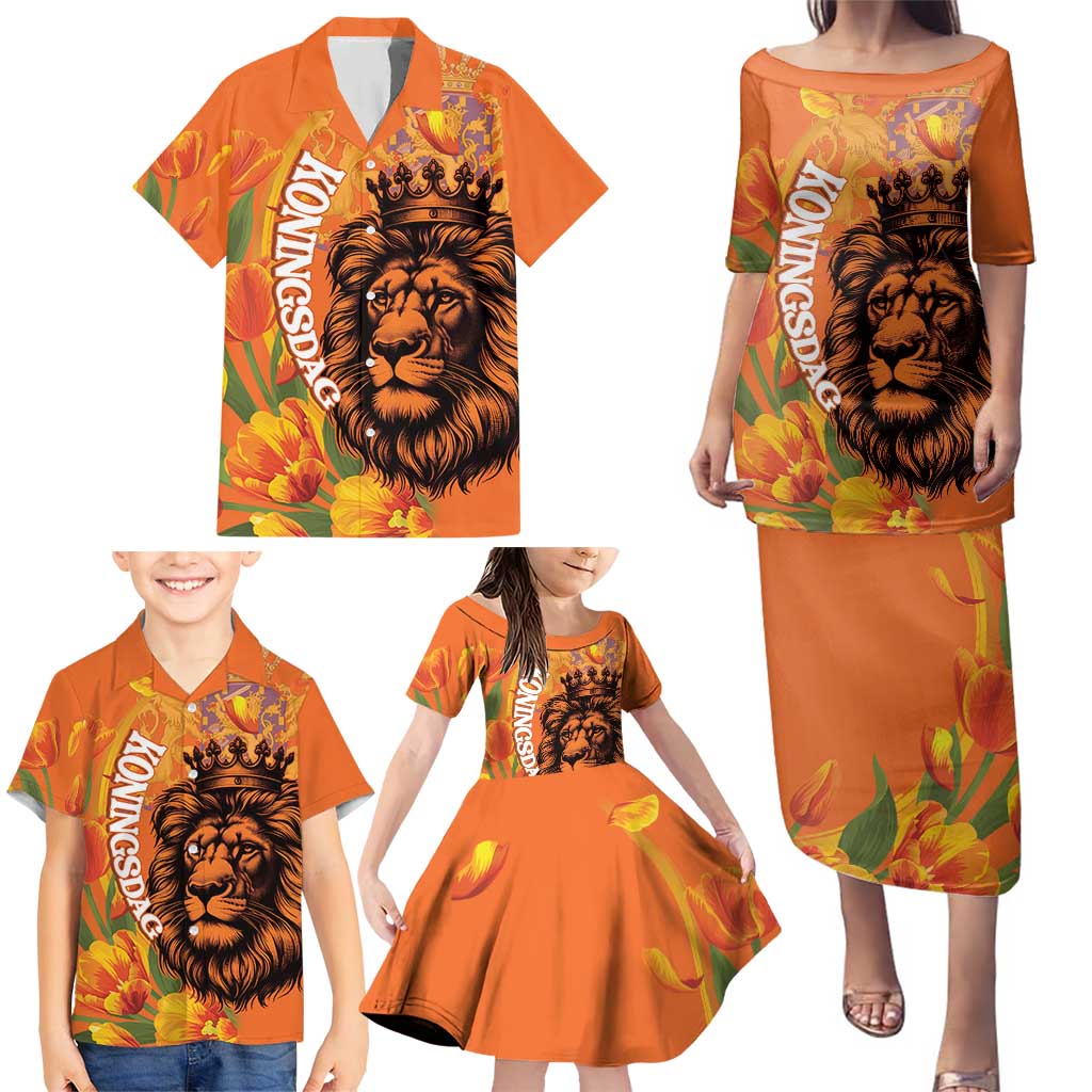 Nederland Fijne Koningsdag Family Matching Puletasi and Hawaiian Shirt Netherlands Lion With Orange Tulips
