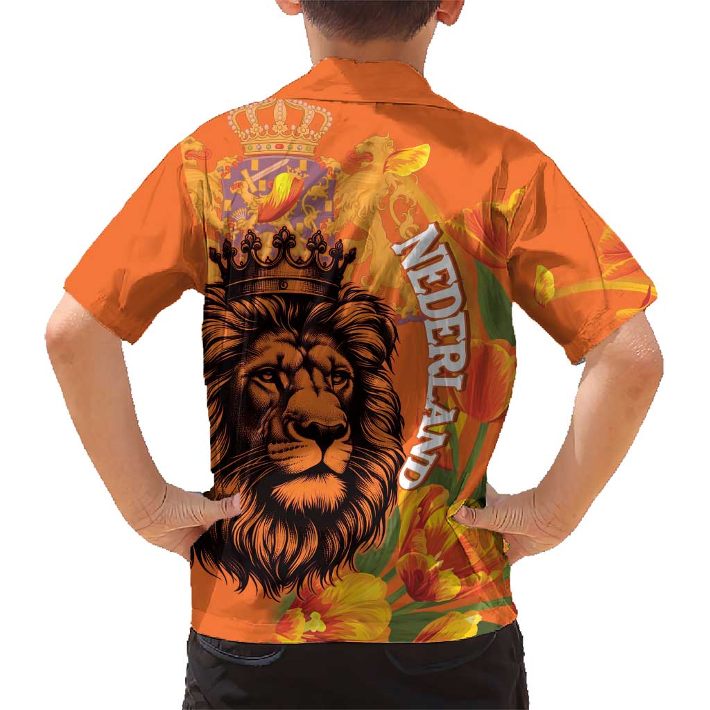 Nederland Fijne Koningsdag Family Matching Short Sleeve Bodycon Dress and Hawaiian Shirt Netherlands Lion With Orange Tulips