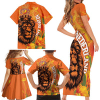 Nederland Fijne Koningsdag Family Matching Short Sleeve Bodycon Dress and Hawaiian Shirt Netherlands Lion With Orange Tulips