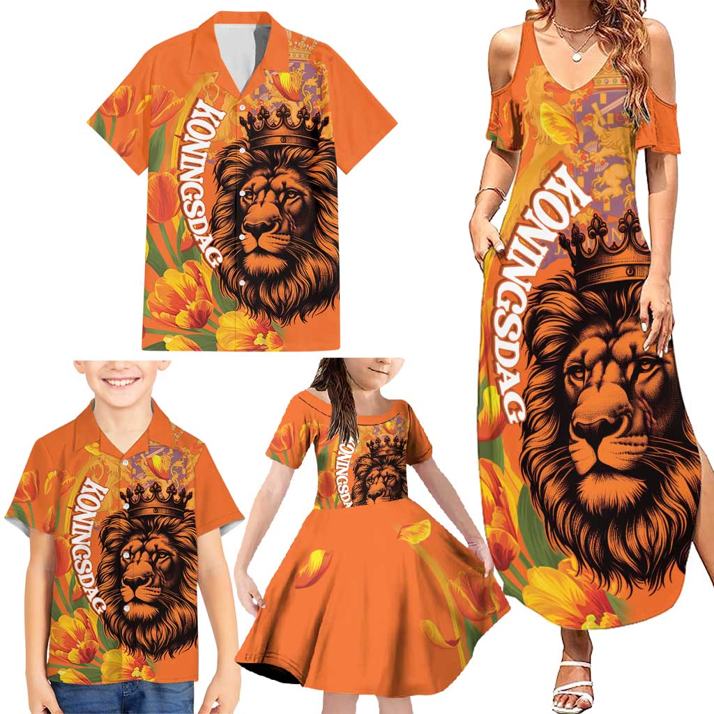 Nederland Fijne Koningsdag Family Matching Summer Maxi Dress and Hawaiian Shirt Netherlands Lion With Orange Tulips