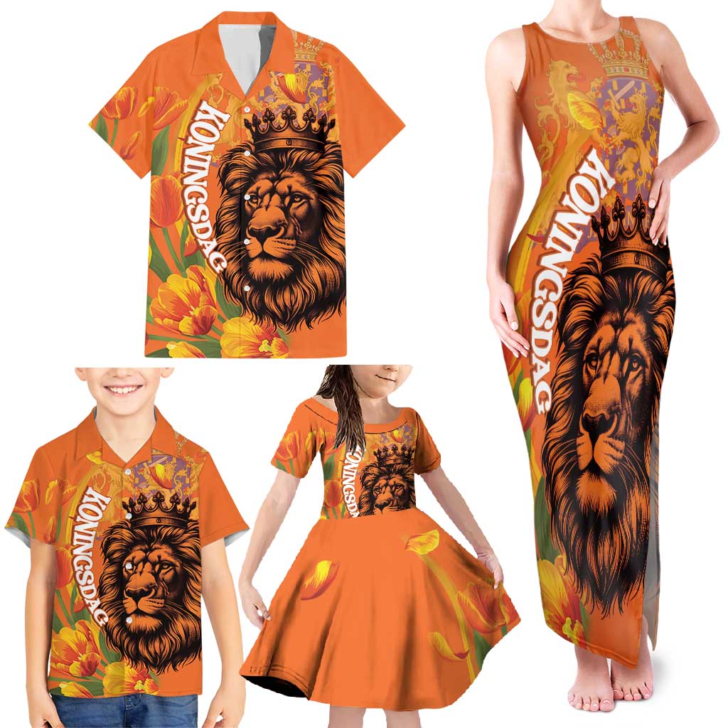 Nederland Fijne Koningsdag Family Matching Tank Maxi Dress and Hawaiian Shirt Netherlands Lion With Orange Tulips