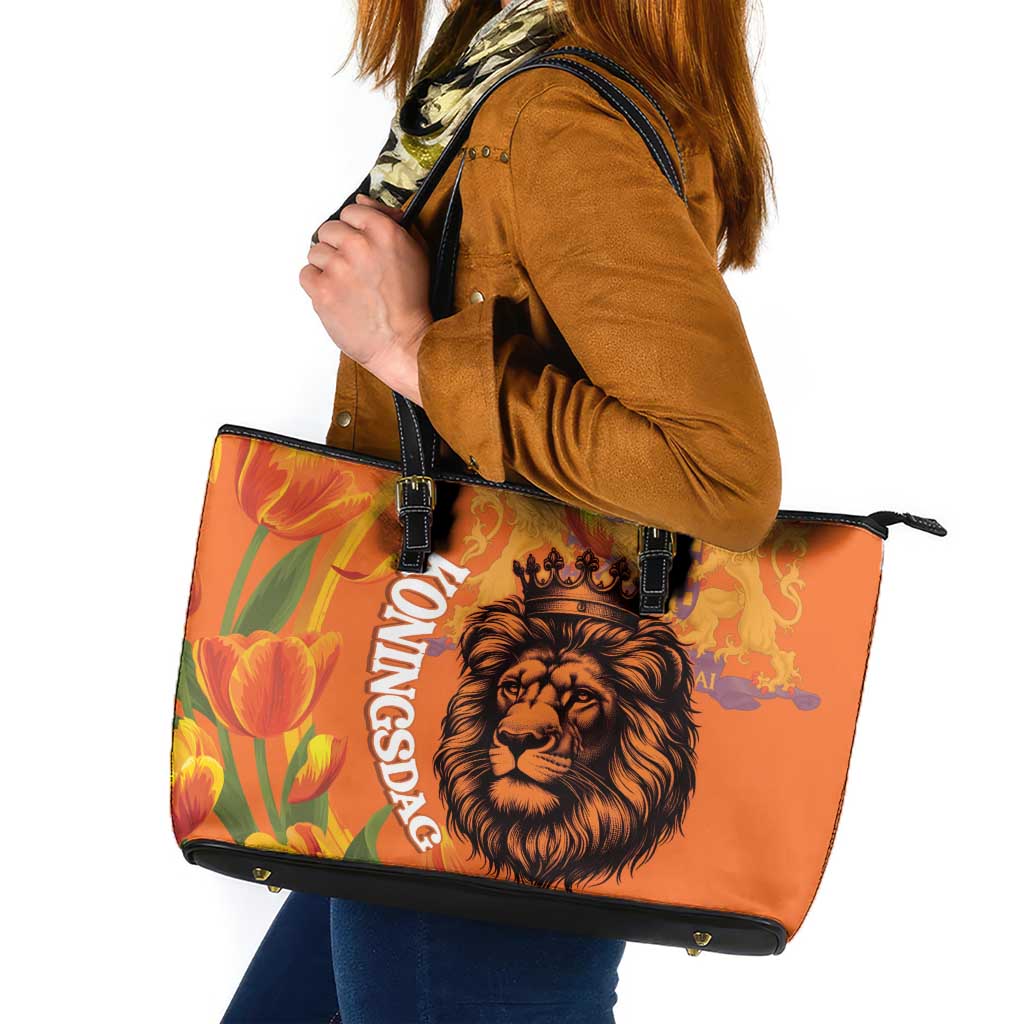 Nederland Fijne Koningsdag Leather Tote Bag Netherlands Lion With Orange Tulips