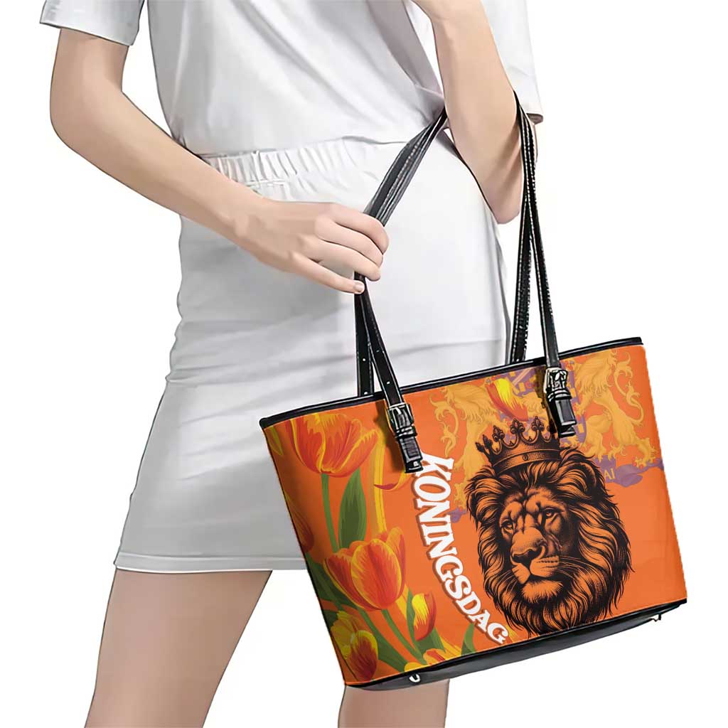 Nederland Fijne Koningsdag Leather Tote Bag Netherlands Lion With Orange Tulips