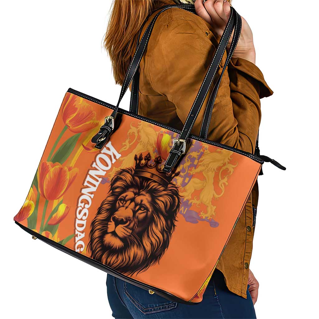 Nederland Fijne Koningsdag Leather Tote Bag Netherlands Lion With Orange Tulips