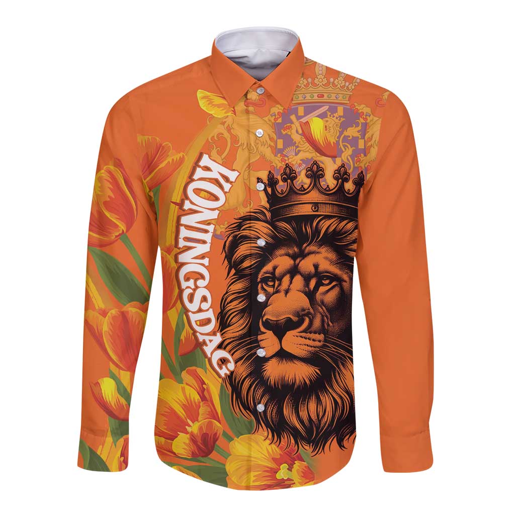 Nederland Fijne Koningsdag Long Sleeve Button Shirt Netherlands Lion With Orange Tulips