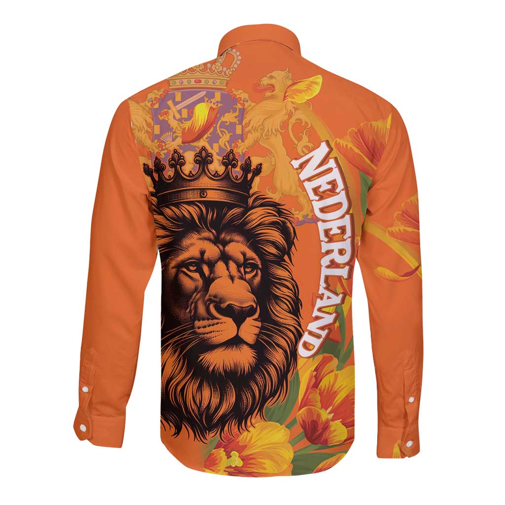 Nederland Fijne Koningsdag Long Sleeve Button Shirt Netherlands Lion With Orange Tulips