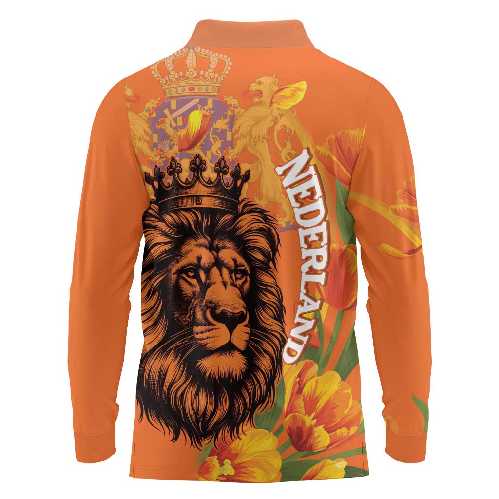 Nederland Fijne Koningsdag Long Sleeve Polo Shirt Netherlands Lion With Orange Tulips