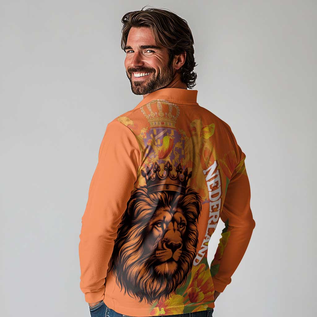 Nederland Fijne Koningsdag Long Sleeve Polo Shirt Netherlands Lion With Orange Tulips